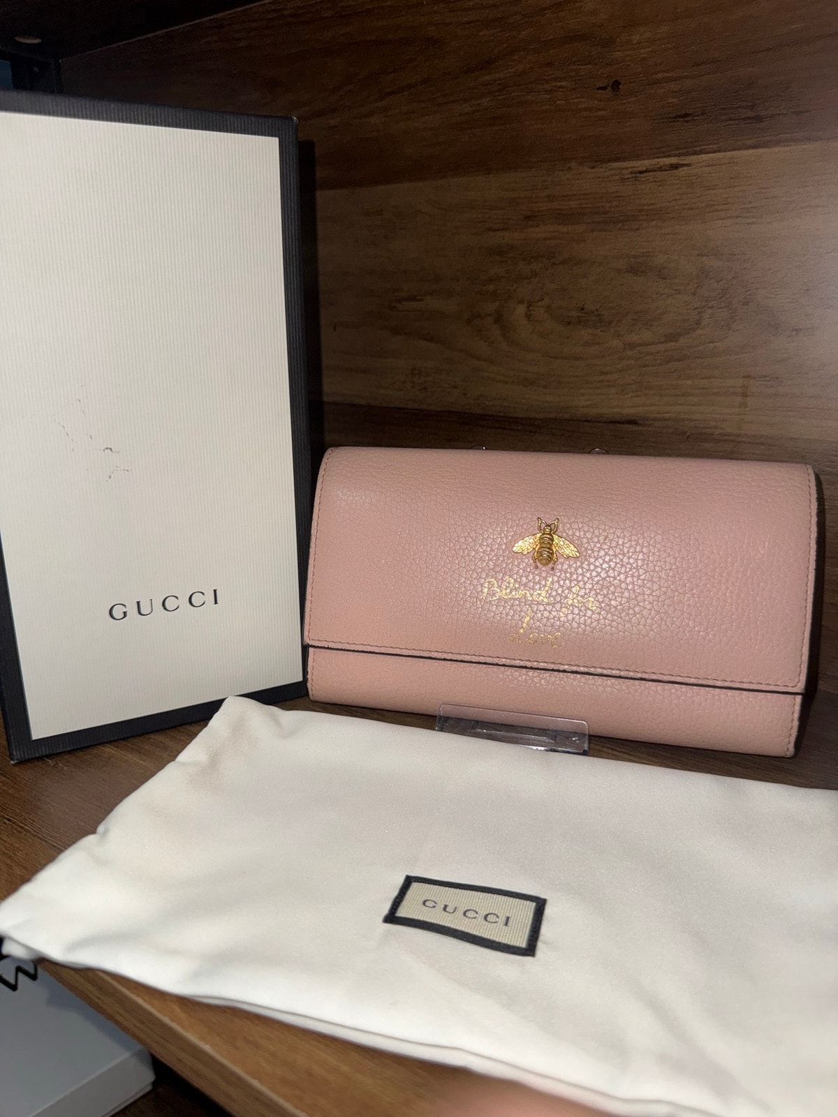 Gucci Blind For Love Bee Long Wallet Pink Leather With Gold Hardware & Bee